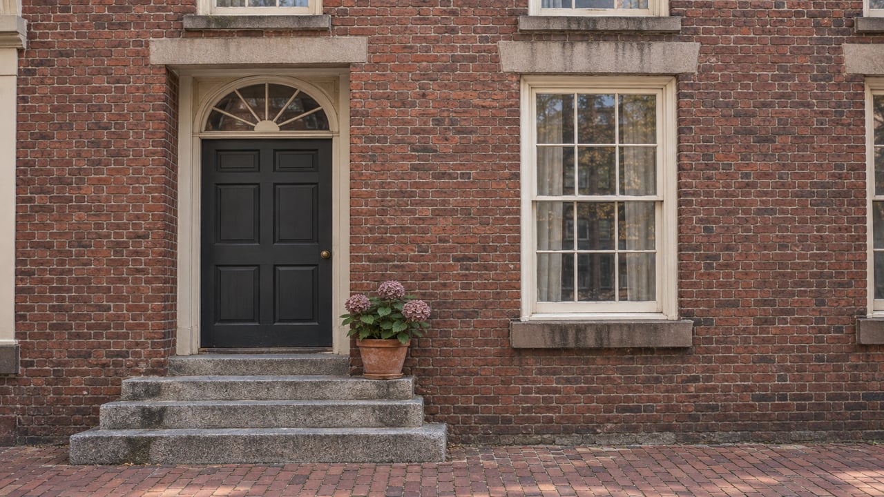 Red-brick townhouse entrance with a charcoal paneled door, glazed fanlight, worn granite steps, and one potted hydrangea.