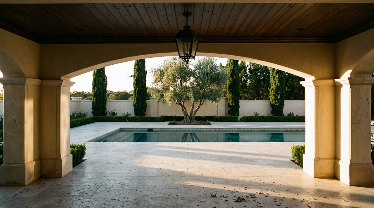 Shaded loggia frames a sunlit travertine terrace, mosaic-edged pool, olive tree, and cypress-lined garden wall.