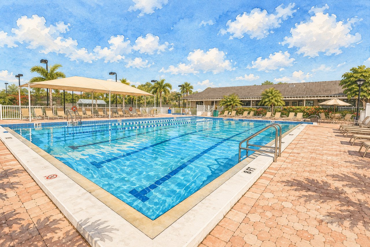 Outdoor community pool with blue lap lanes, a shaded seating area, and palm trees.