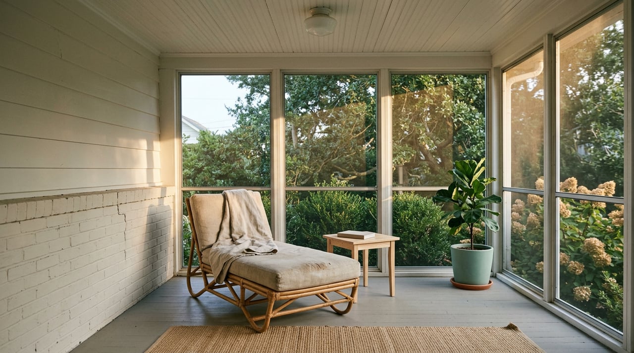 Rattan lounge chair with an oatmeal cushion and folded throw beside a potted fiddle-leaf fig on a screened porch.