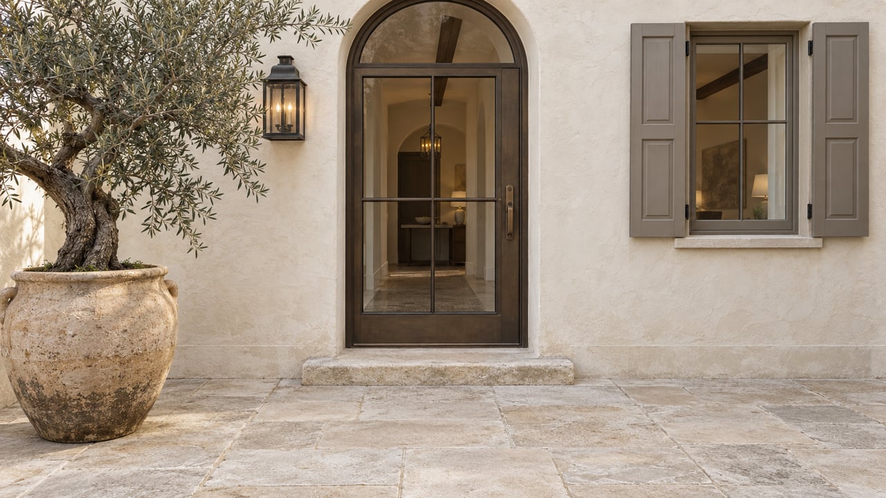 Cream stucco entry with a closed arched glass door, worn limestone paving, gray shutters and a specimen olive in a clay urn.
