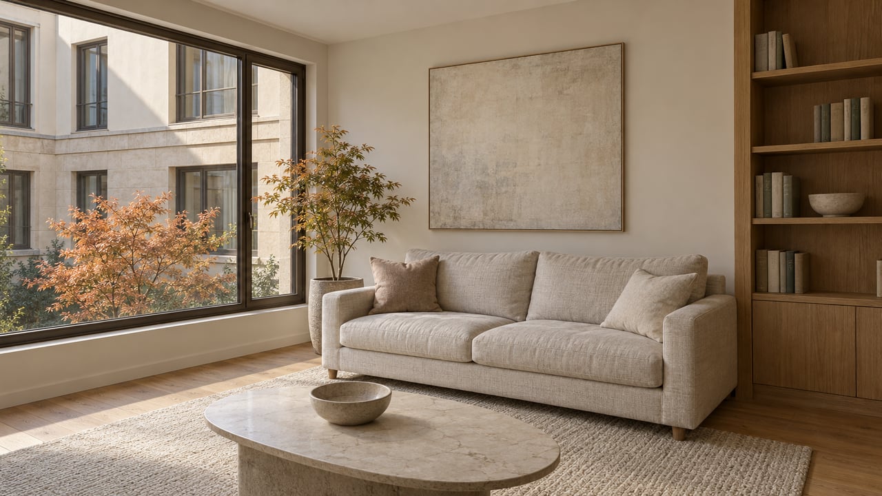 Sunlit condominium living room with an oatmeal sofa, oak shelving and bronze-framed windows overlooking autumn leaves and a stone residential facade.