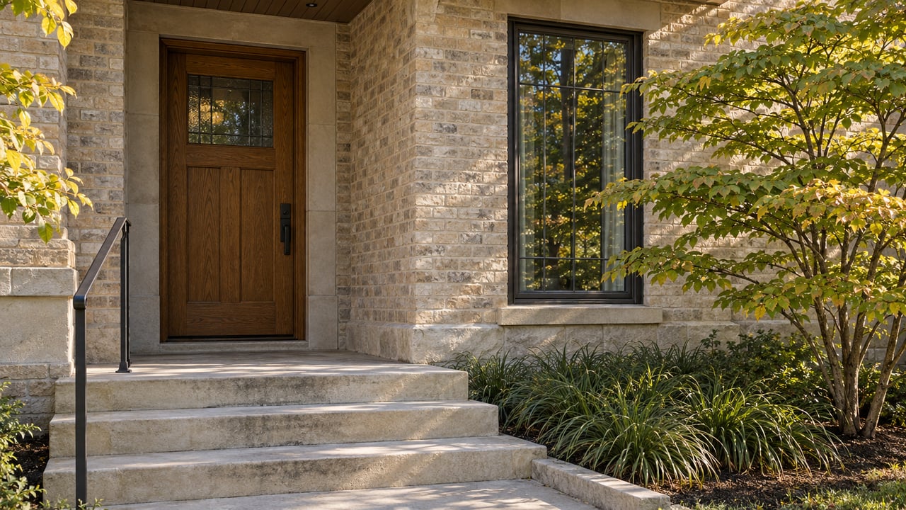 Buff brick house entry with a recessed oak door, leaded-glass window, limestone steps, and yellow-green dogwood leaves.