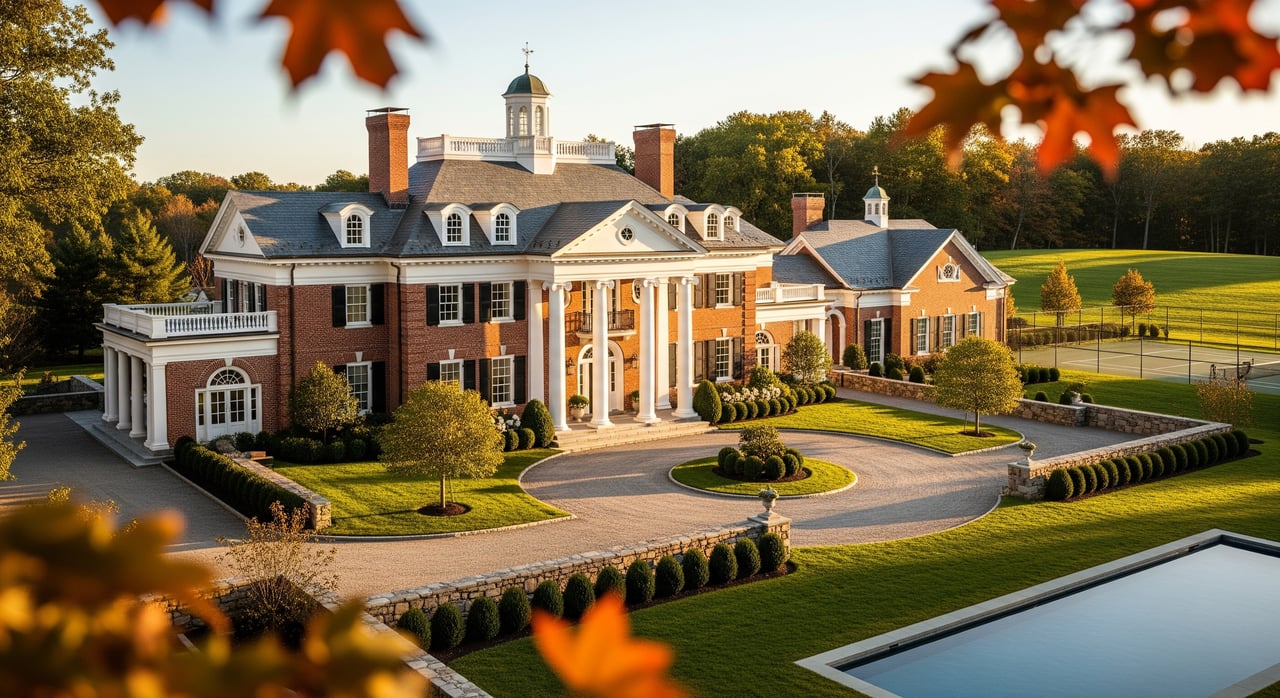 Red-brick building with a columned entrance, cupola, manicured grounds, and reflecting pool, framed by autumn leaves.
