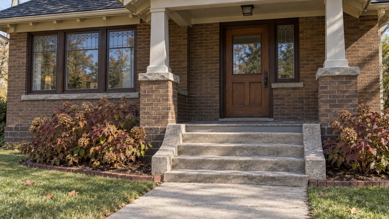 Daylit brick bungalow porch with limestone-capped piers, an oak front door, and burgundy oakleaf hydrangeas beside concrete steps.