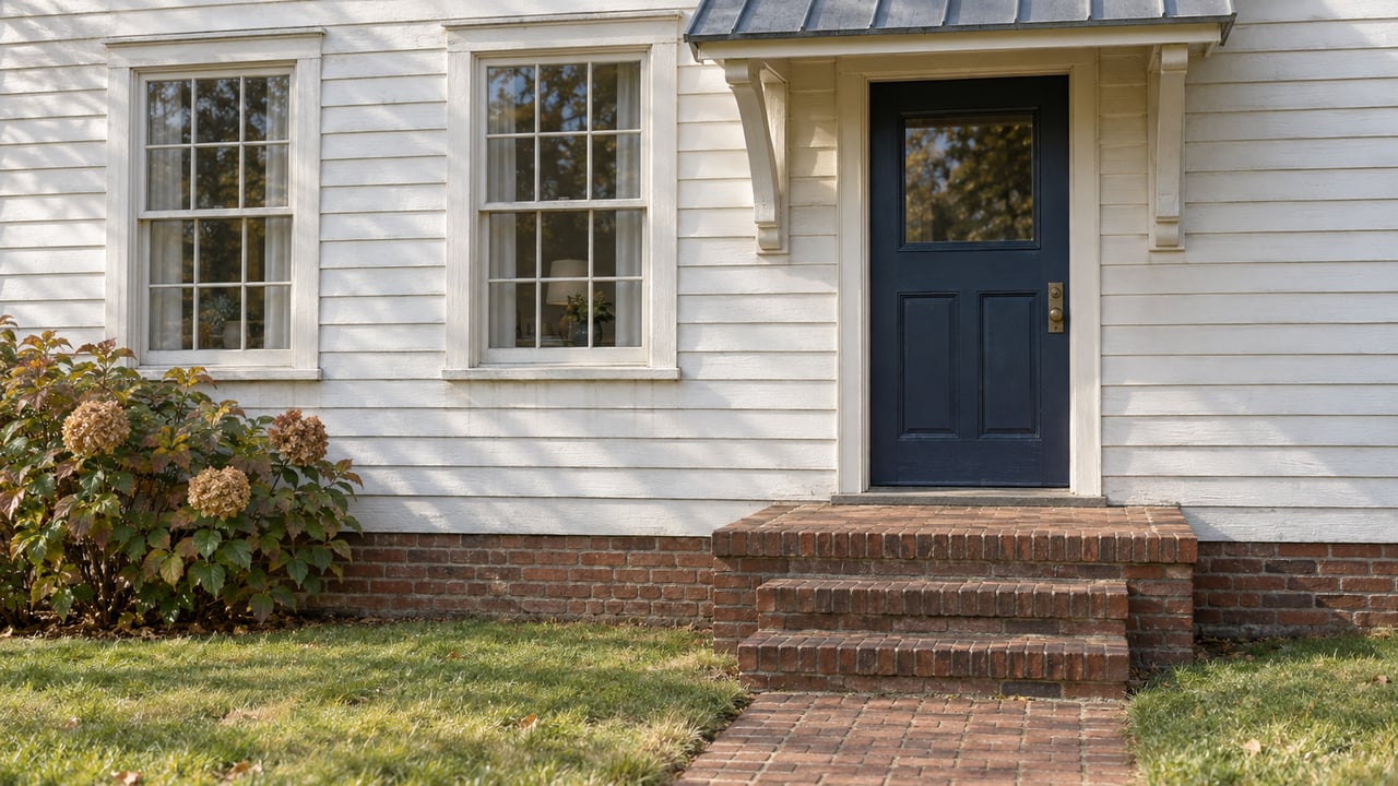 Warm-white clapboard home with navy entry door, paired sash windows, worn brick steps and an oakleaf hydrangea.