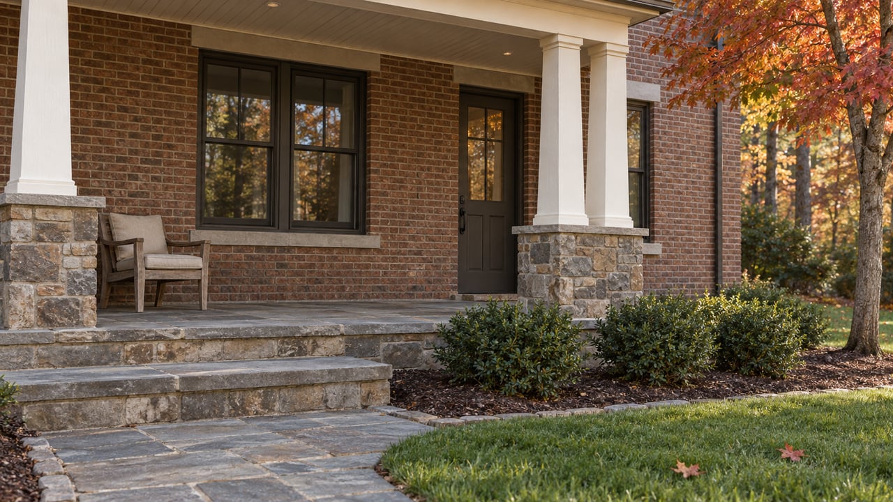 Brick home with white porch columns, gray stone steps, a teak chair and an autumn lawn edge.