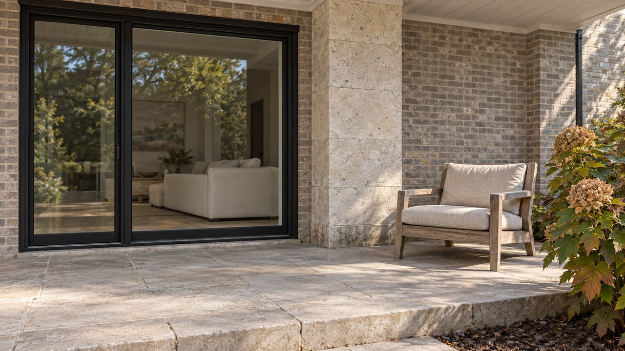 Covered limestone terrace with a weathered teak chair, oakleaf hydrangea and black-framed glass doors beside warm gray masonry.