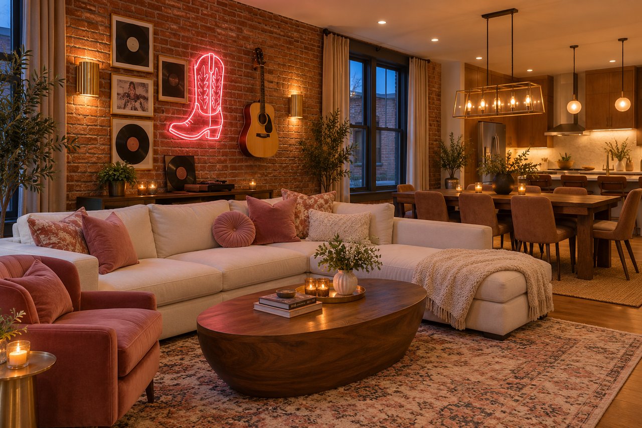 Illustrated Nashville-style rental lounge with pink cushions, a guitar, cowboy-boot neon and warm pendant lighting.