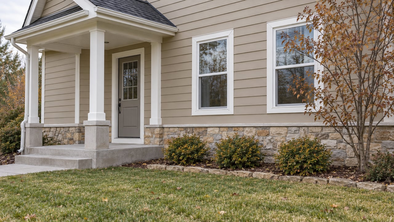 Tan-sided home with a covered side entry, white-trimmed windows, concrete steps and a lightly autumn-colored lawn.