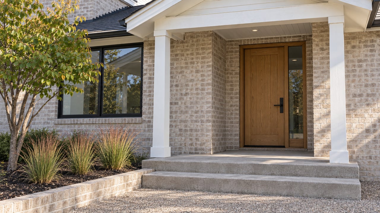 Close view of a pale brick home's covered entry, with an oak door, white porch posts, concrete steps and carefully spaced planting.