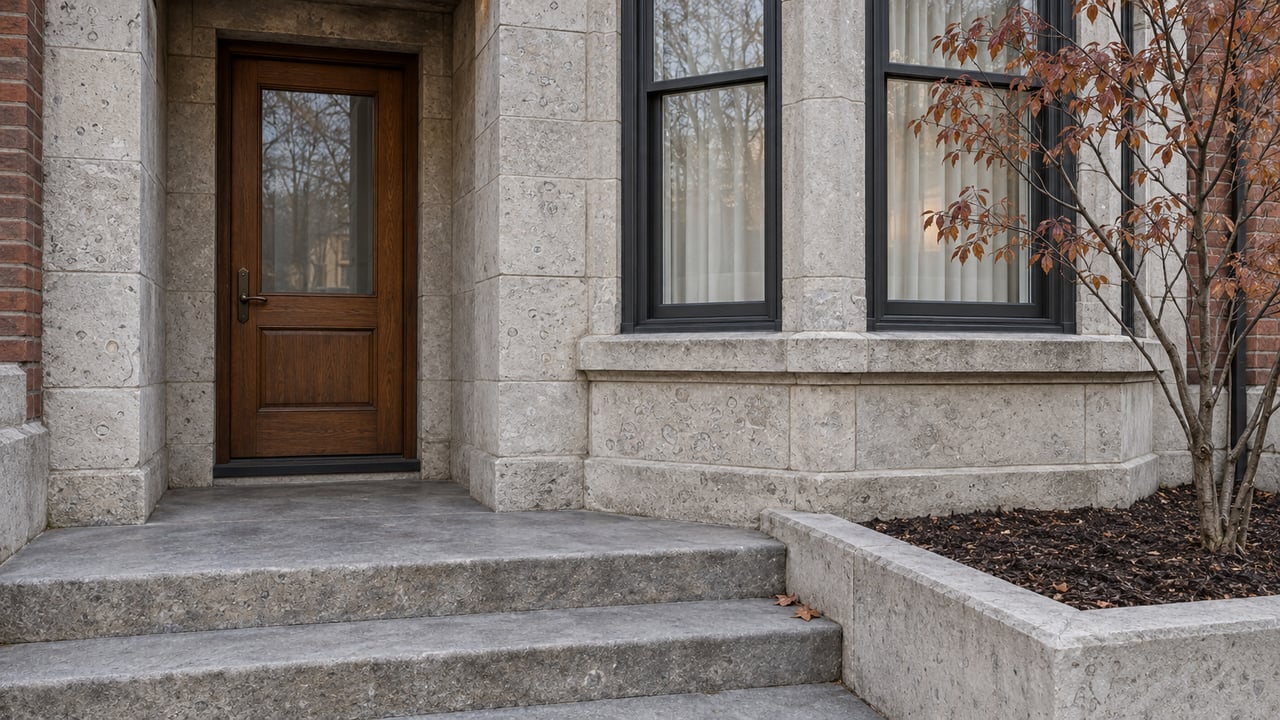 Restored limestone home entrance with an oak-and-glass door, faceted bay window and copper-leaved serviceberry beside stone steps.