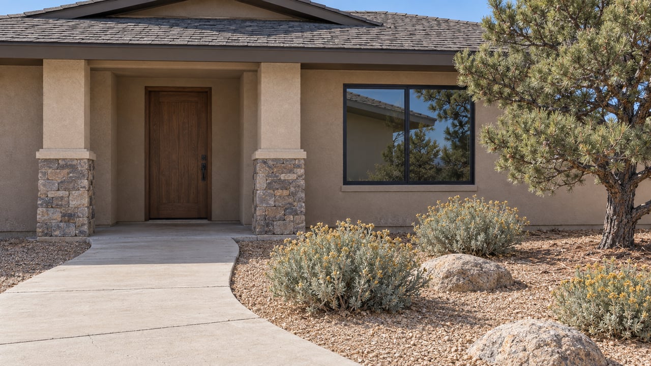 Sand-colored stucco home with a recessed wood entry door, stone porch columns, and a gravel garden with a sculptural pinyon pine.
