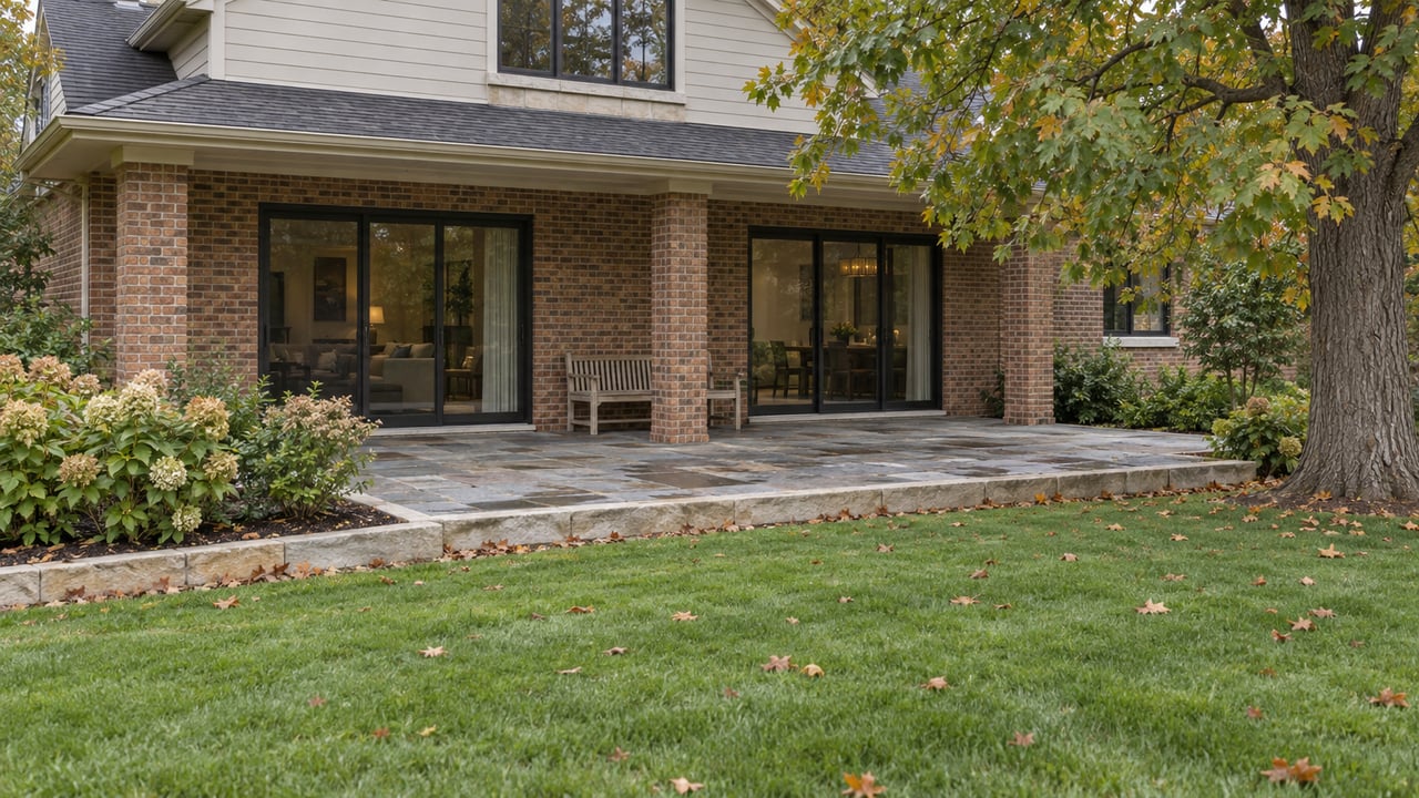 Two-story brick home with a covered bluestone terrace, teak bench, hydrangeas, and lawn.