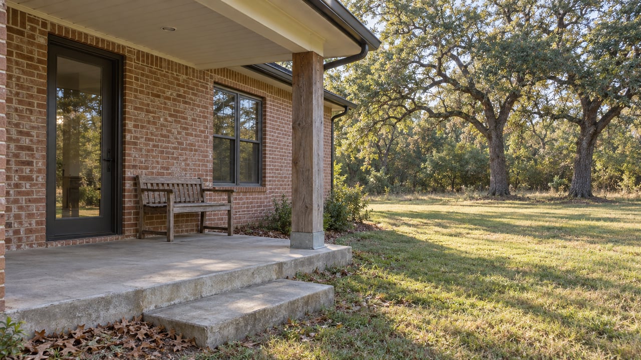 Weathered cedar porch post and warm brick home beside a broad grassy yard with two mature post oaks in morning light.