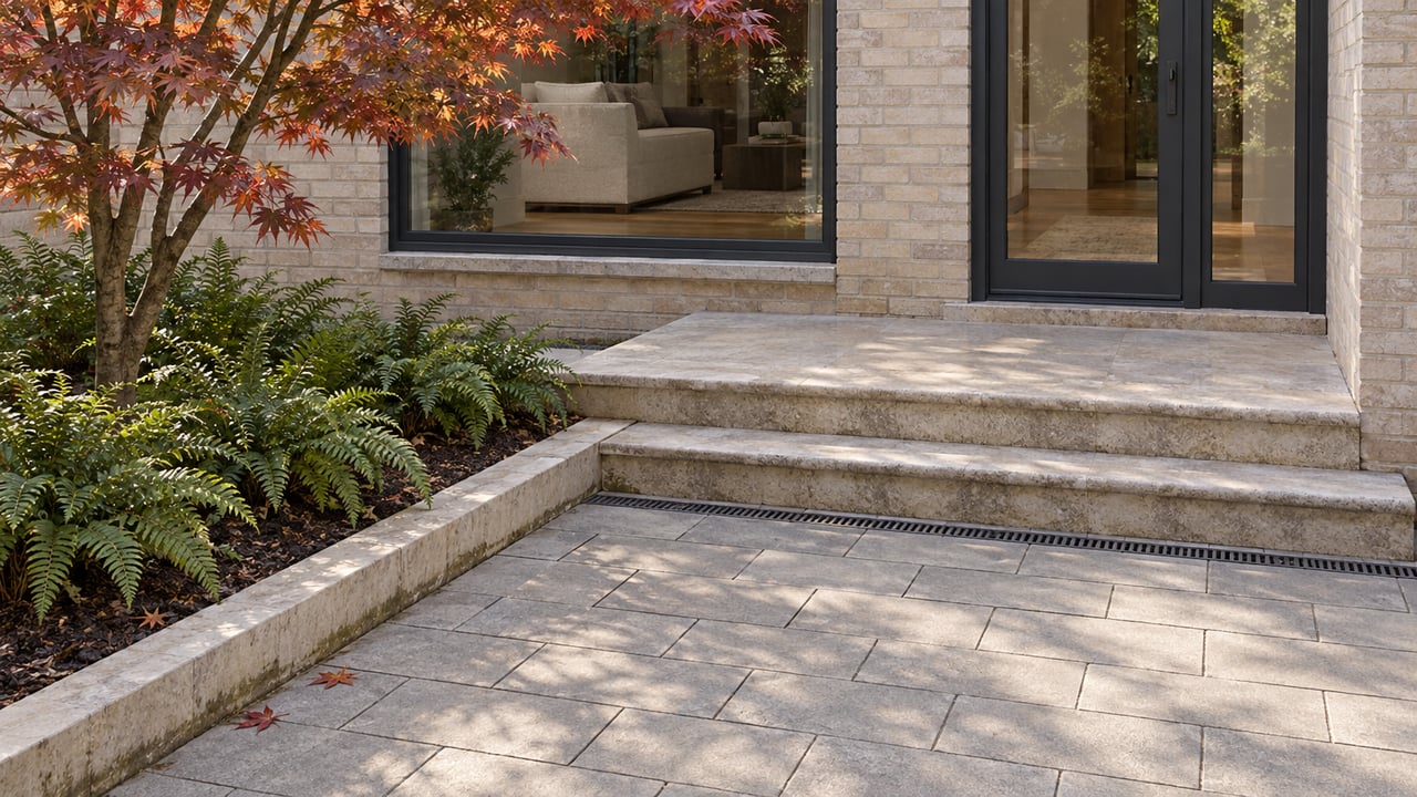 Buff-brick residential courtyard entry with steel-framed glazing, worn limestone steps, gray pavers and a copper-leaved Japanese maple.