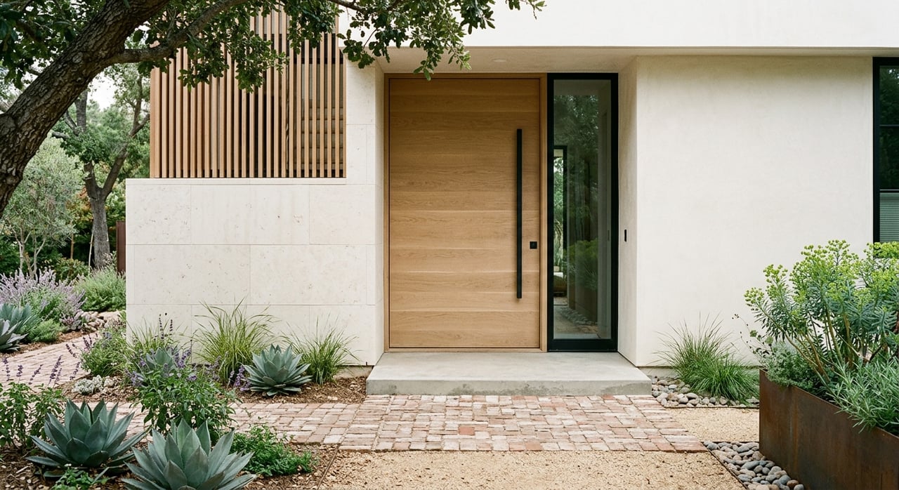 Oak entry door beside a cedar slat screen and pale limestone wall, with grasses and brick paving.