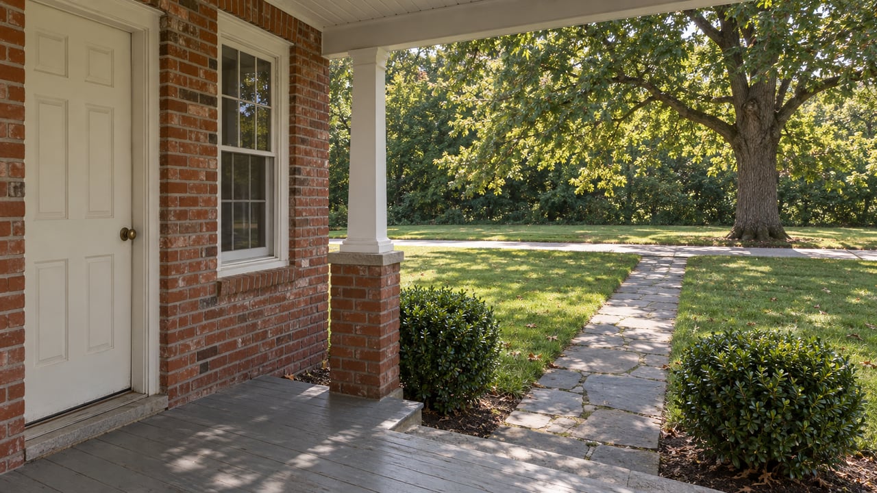 Brick house porch beside a long lawn and straight bluestone walk leading to the sidewalk.