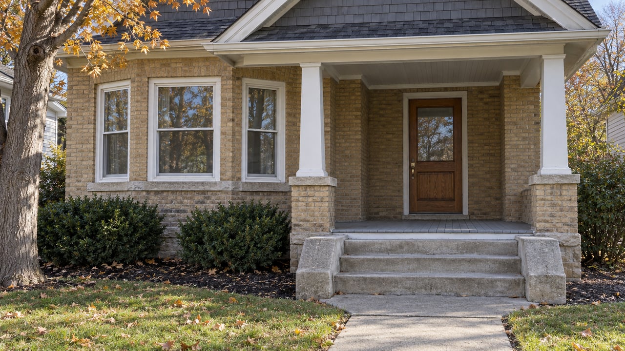 Buff-brick gabled home with an oak entry, painted porch posts, and autumn maple leaves beside the front steps.