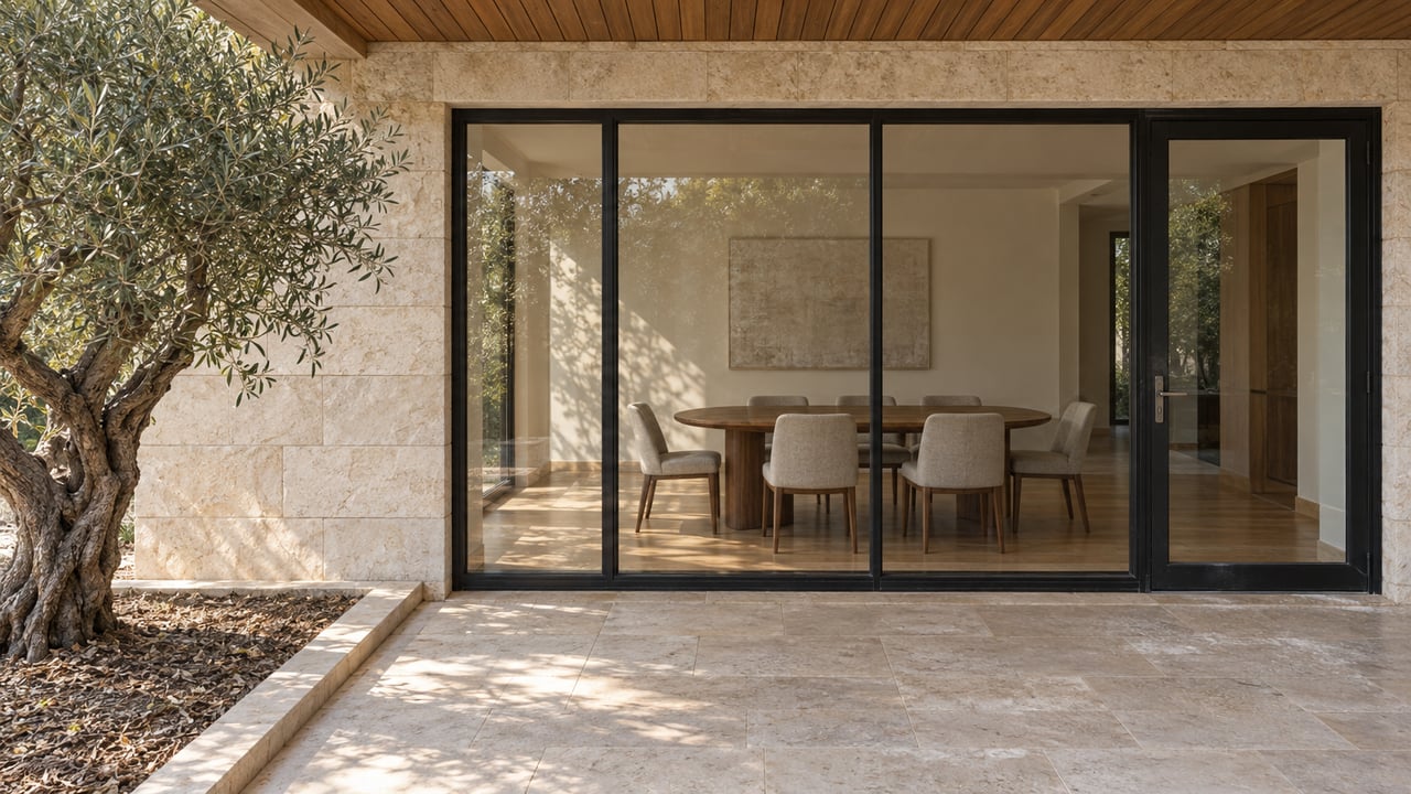 Limestone terrace beside a sculptural olive tree, facing black-framed glass doors and a warm wood dining room.