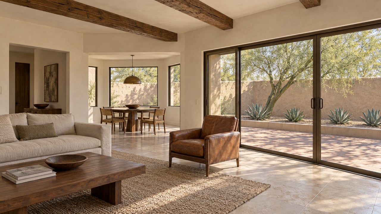 Warm modern living room with oak beams, limestone floors and bronze sliding glass doors overlooking a clay-paver terrace and sculptural desert planting.