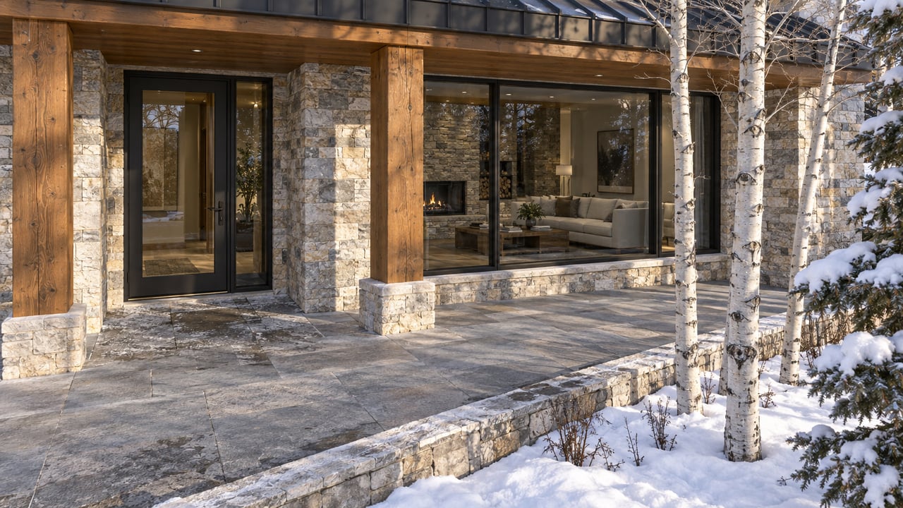 Timber and limestone residence entrance with bronze-framed glass, a paved terrace and snow beside spruce and aspen trees.