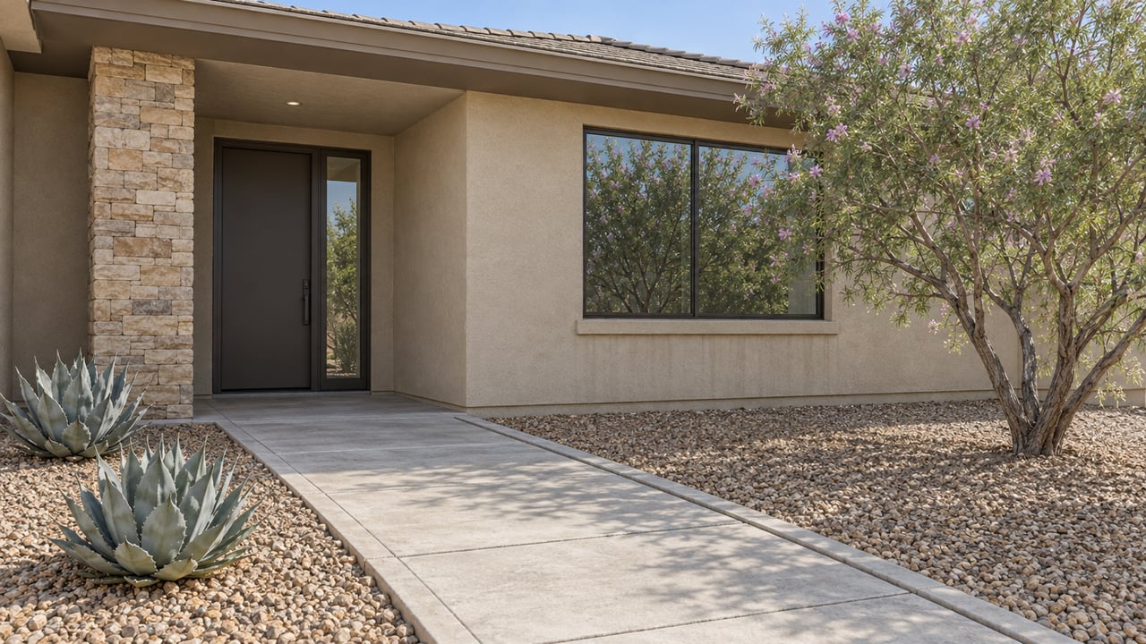 Sand-colored stucco home with a shaded bronze entry door, stone pier, broad window and concrete approach bordered by desert willow and two agaves.
