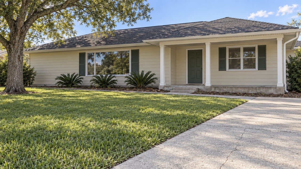 Cream-sided single-story home with a covered entry, deep front lawn, mature live oak, and a concrete approach.