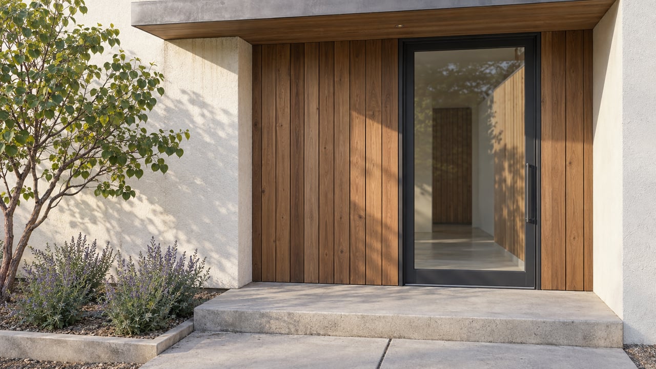Sun-worn cedar and pale stucco surround a glazed front door above a concrete landing, beside a small flowering-tree planting pocket.
