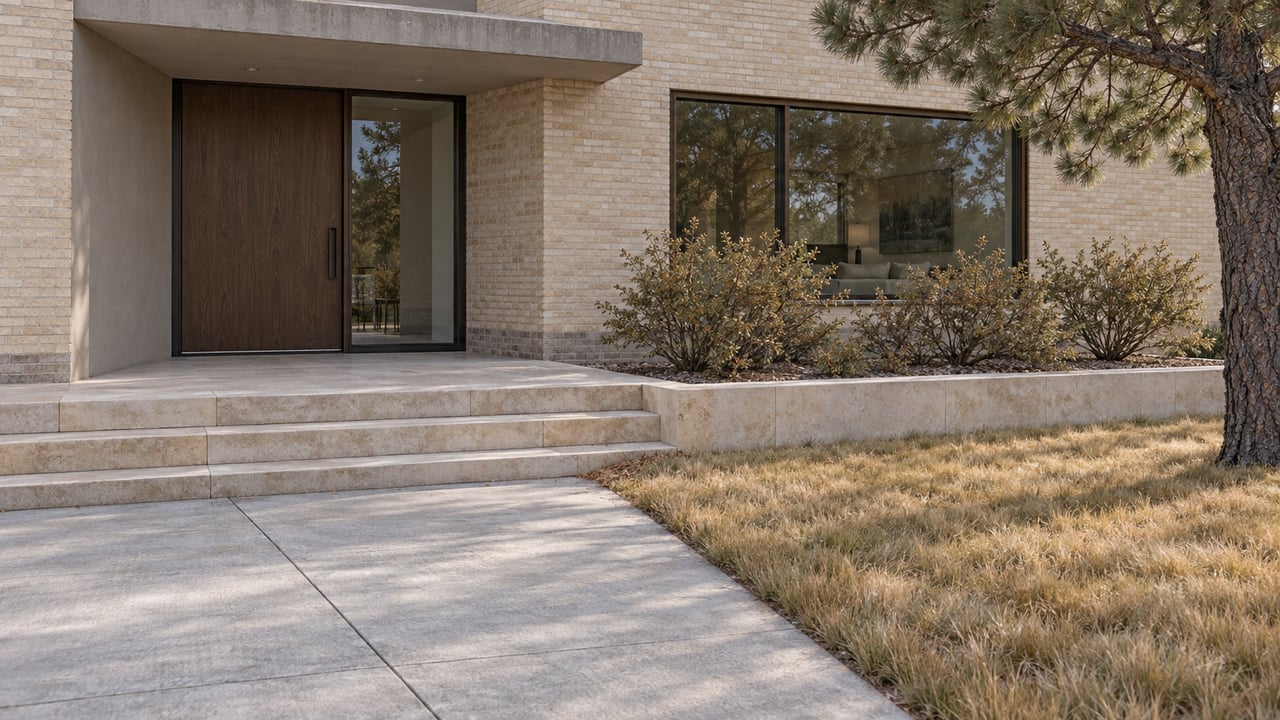 Contemporary brick and stucco home with a recessed oak entrance, limestone steps, and a tawny lawn framed by a mature pine.