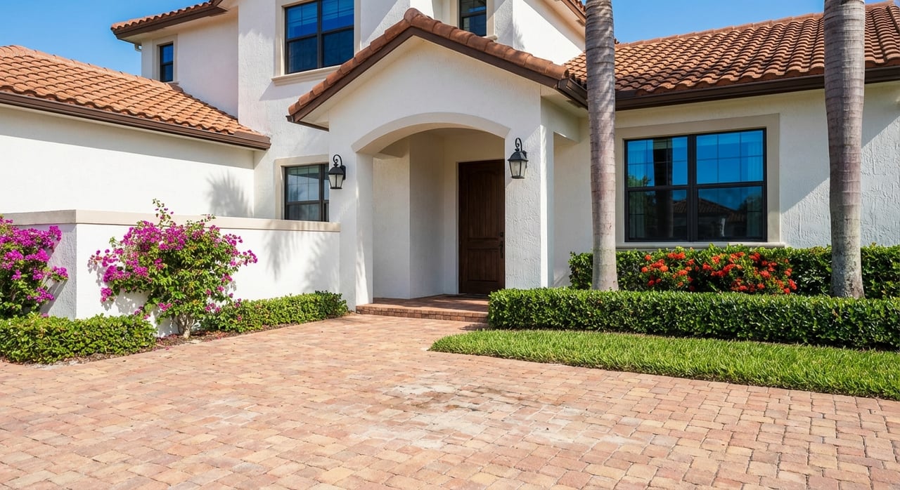 Stucco village entry with an arched doorway, terracotta roof tiles, brick pavers, and flowering bougainvillea.