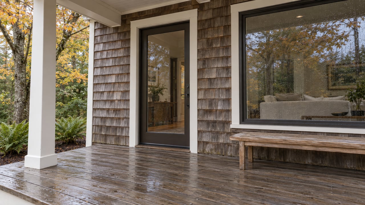Weathered cedar porch and shingled facade with a glazed entry, bronze-framed picture window and teak bench beside an amber sugar maple.