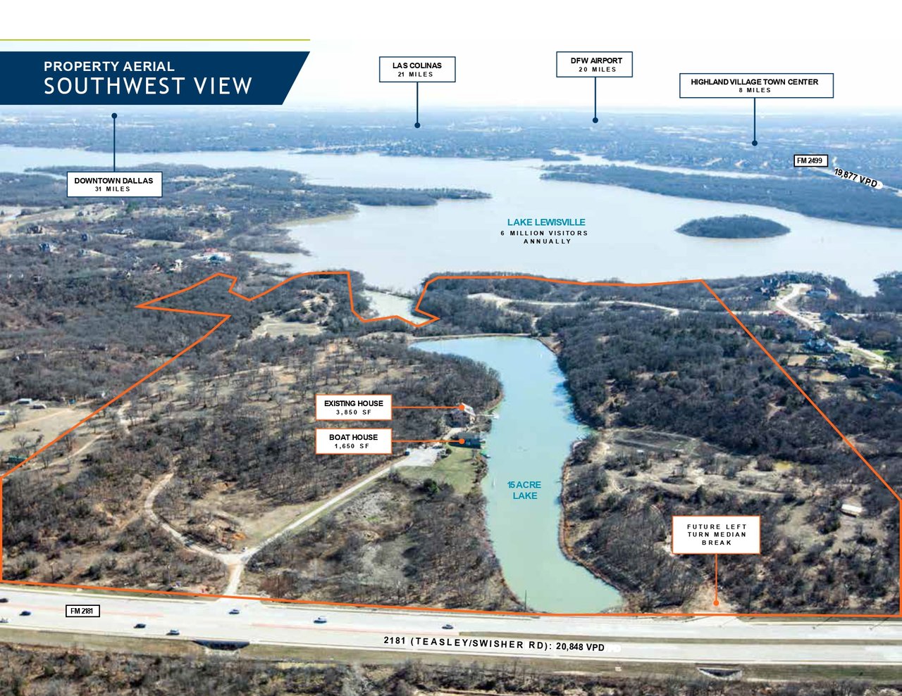 Aerial view of ranch property outlined around a 15-acre lake, with a house, boathouse, and Lake Lewisville beyond.