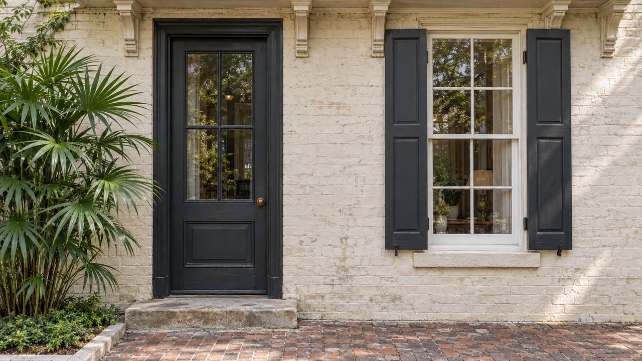 Cream brick house facade with a charcoal glazed door, shuttered window, stone step, and brick pavers.