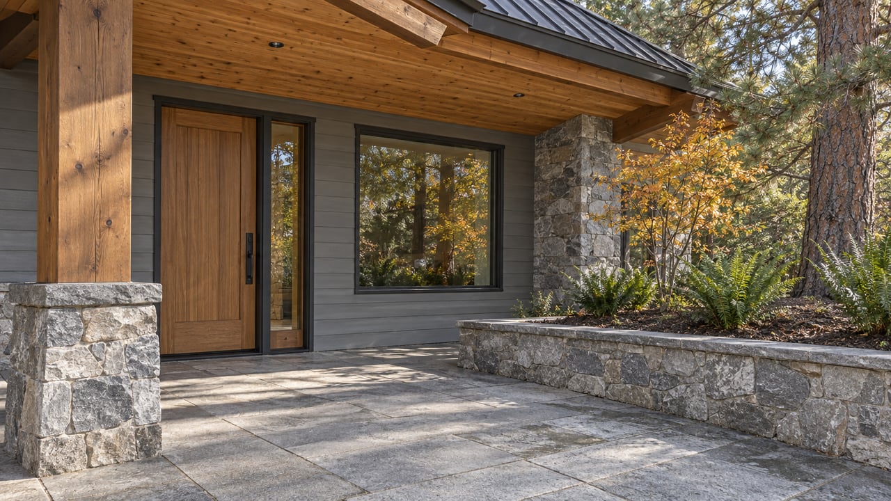 Morning light on a timber-covered entry with gray siding, quartzite masonry, sealed glazing and an autumn planting bed.