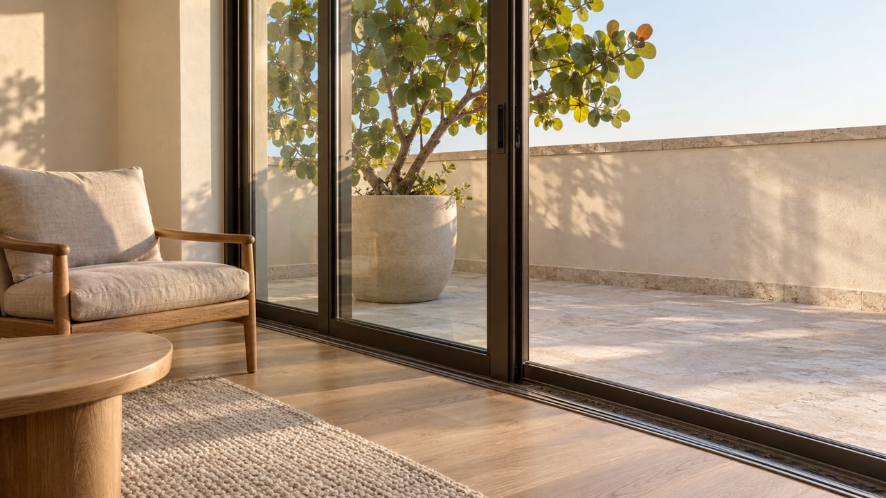 Sunlit coastal living-room corner with pale oak flooring, a linen lounge chair and bronze-framed glass doors opening visually onto a limestone terrace with a sea grape specimen.