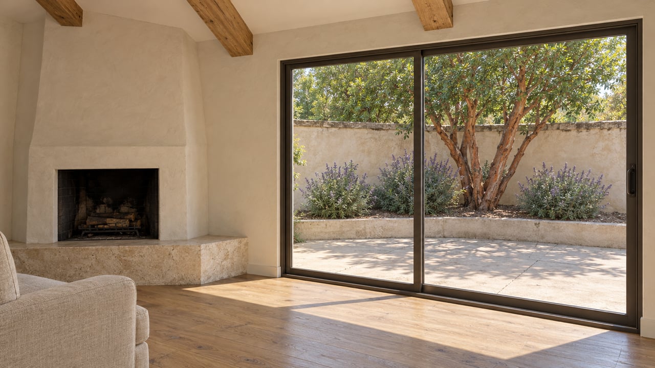 Sunlit living room with timber ceiling beams, a plaster fireplace, oak floors, and closed sliding glass doors overlooking a planted patio.