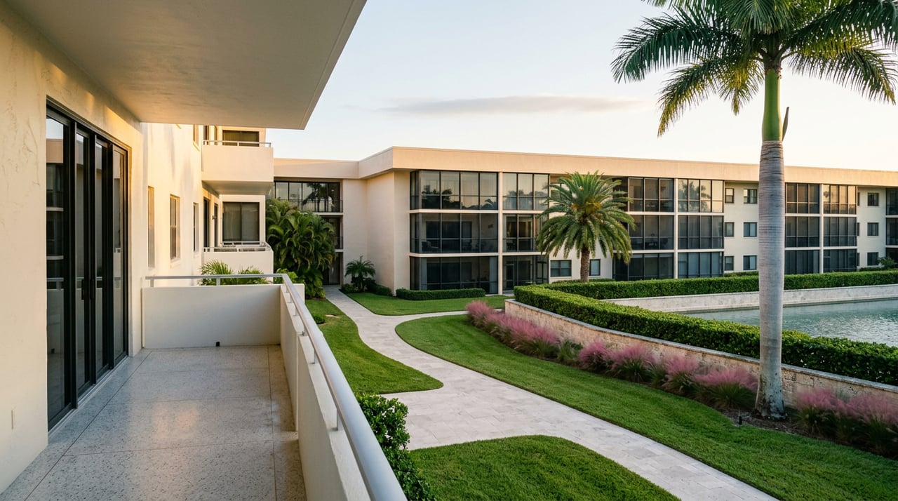 Resort courtyard framed by a balcony, with a still-water basin, cream stucco buildings, palms, and clipped hedges.