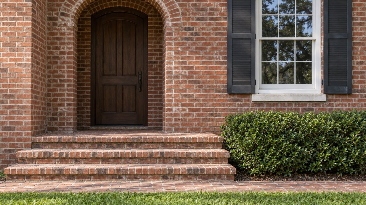 Red-brick house entry with an arched oak door, shuttered window, broad steps, and clipped shrub.