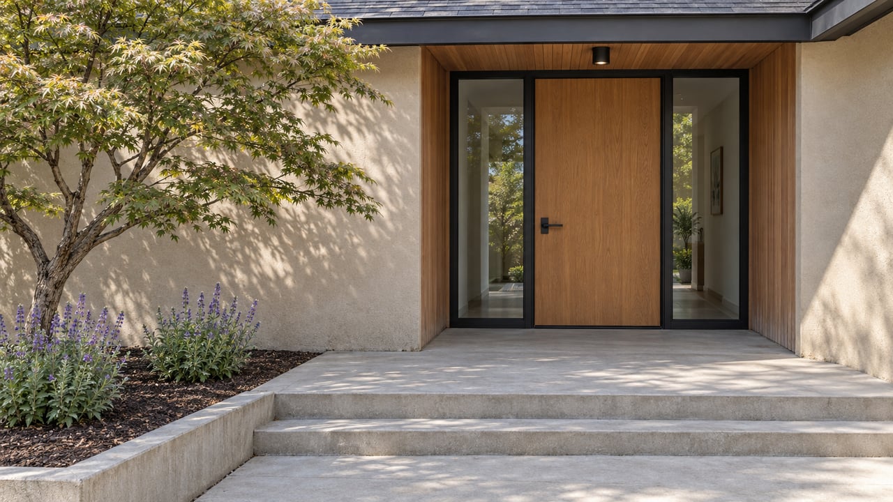 Sunlit stucco home entry with a cedar-lined recess, oak door, paired glass sidelights and a Japanese maple beside concrete steps.