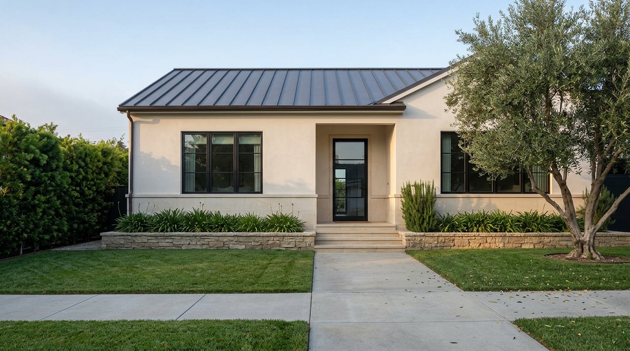 Stucco house with a limestone base, broad entry steps, and an olive tree beside the lawn.