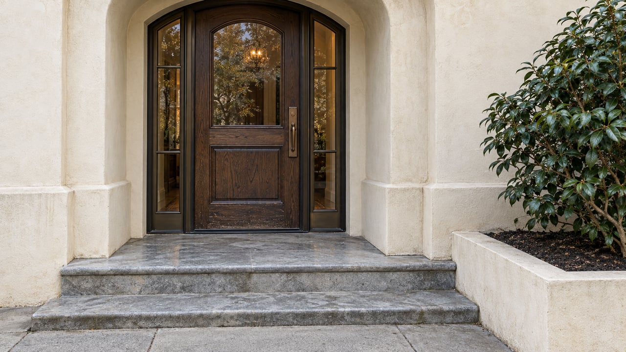 Arched oak entrance with paired glazed sidelights, weathered limestone steps and a camellia beside an ivory stucco facade.