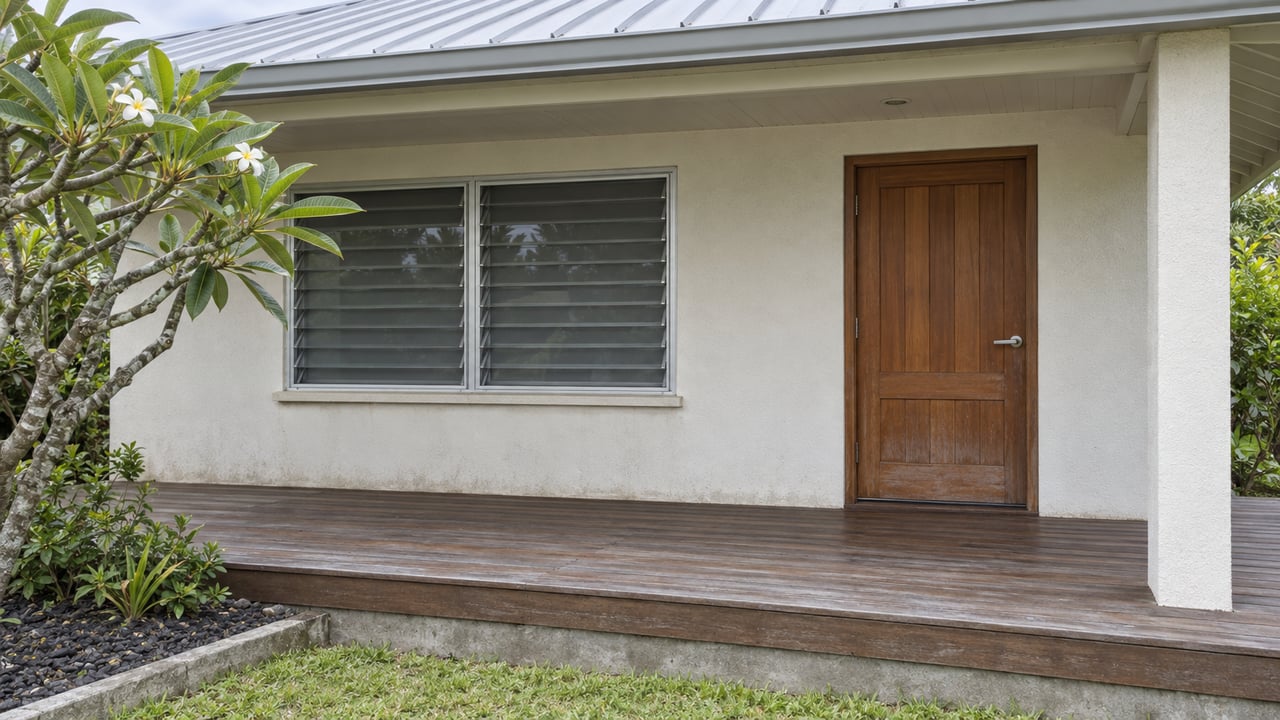 Covered timber entry deck beneath a pale metal roof, with closed jalousie windows, weathered white stucco and a branching plumeria beside the garden border.