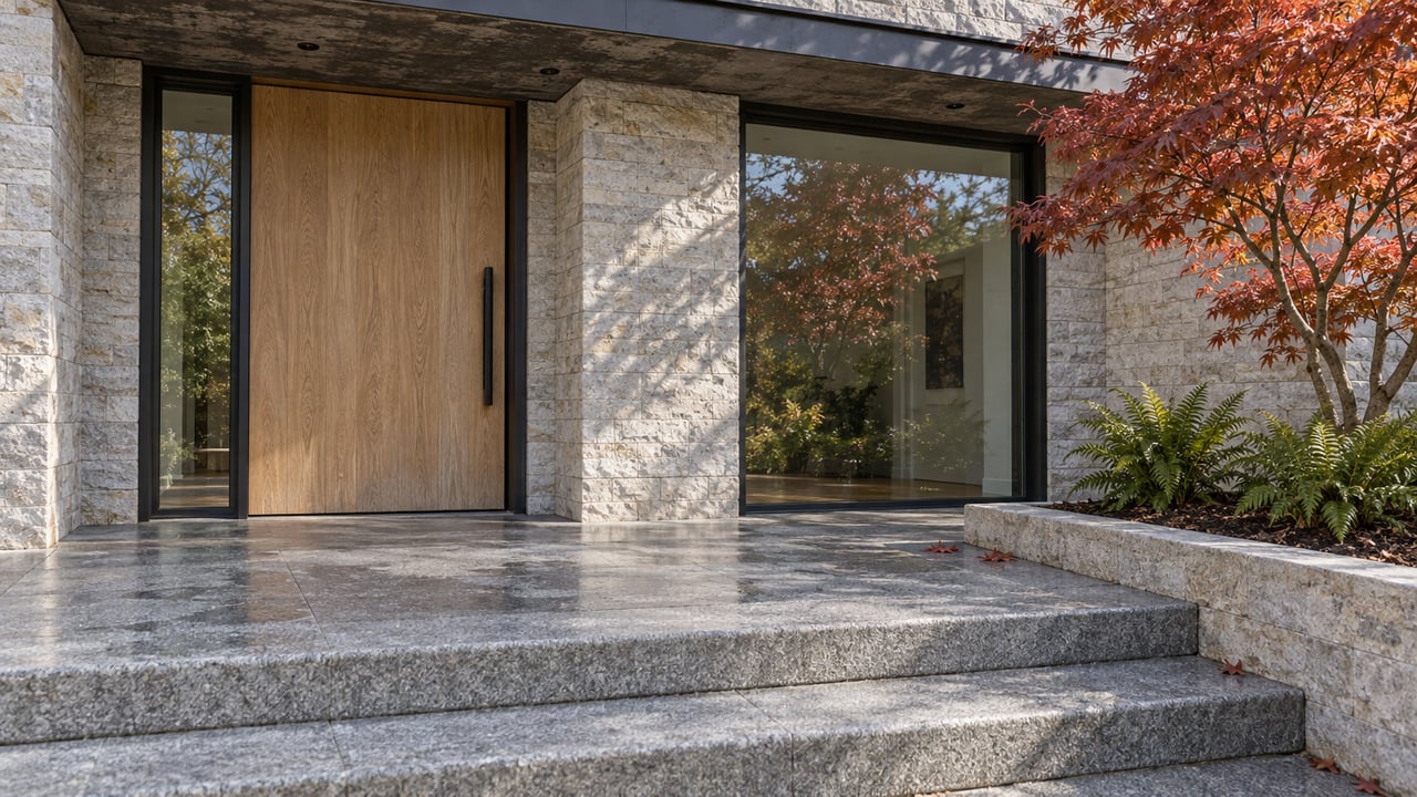 Limestone home entrance with an oak door, dark-framed glazing and broad granite steps beside a copper-red Japanese maple.
