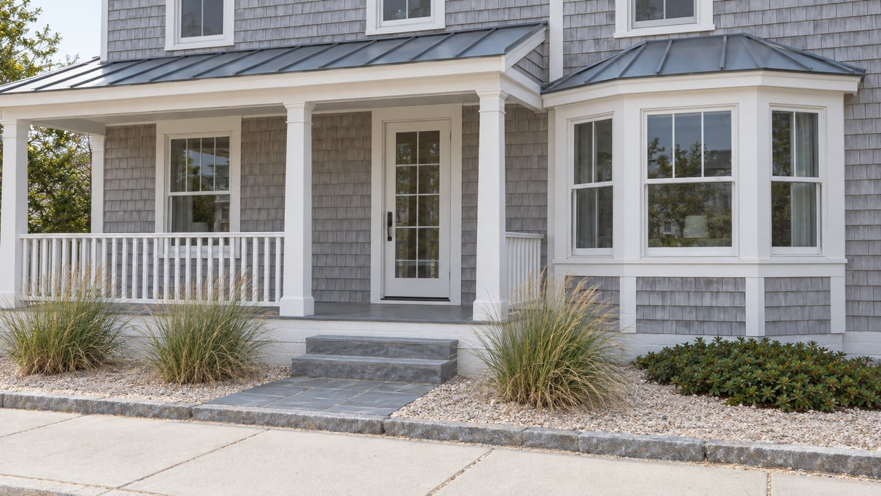 Gray-shingled coastal home with a white porch, bluestone steps, and grasses in a shell bed.
