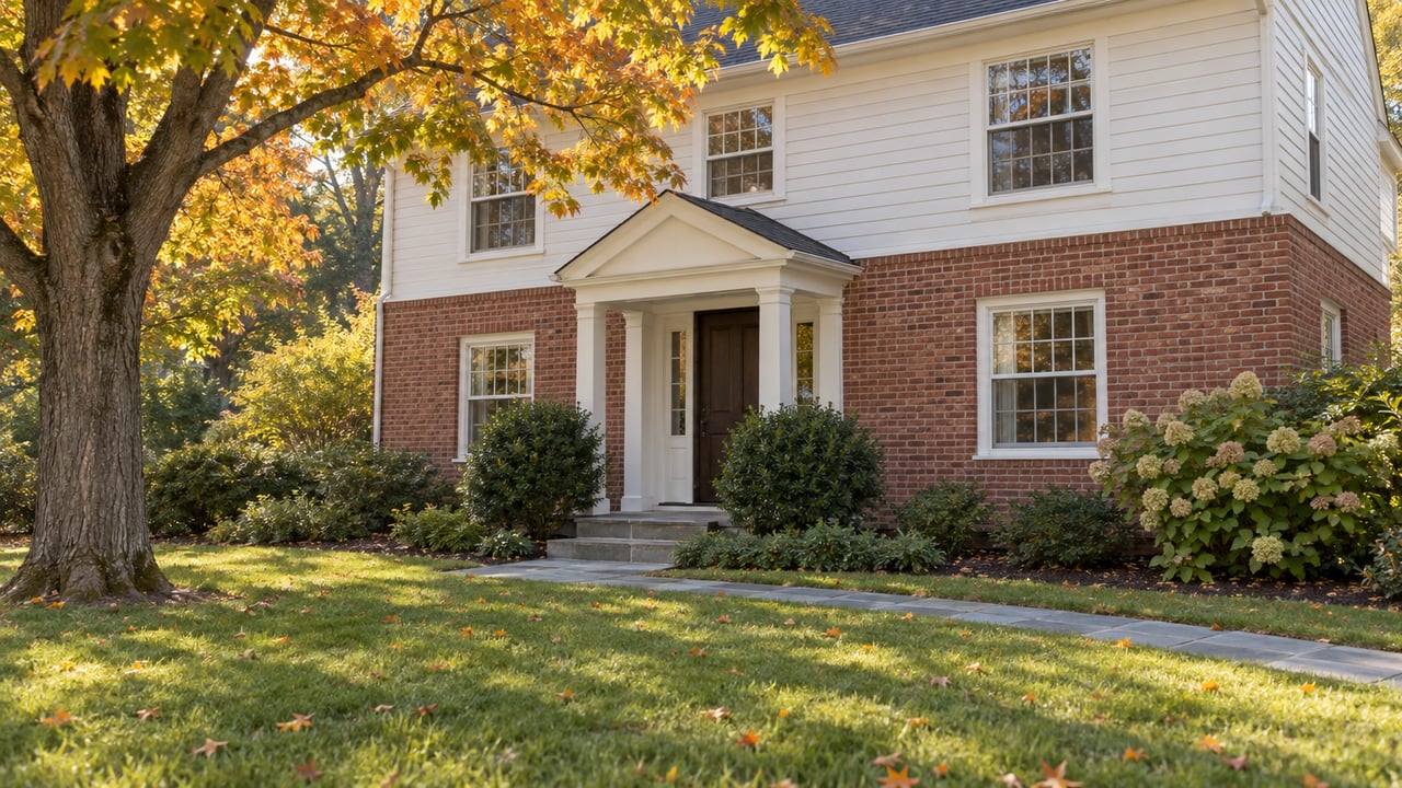 Two-story brick and clapboard house beyond a deep lawn, with a bluestone path and yellow-orange maple canopy.