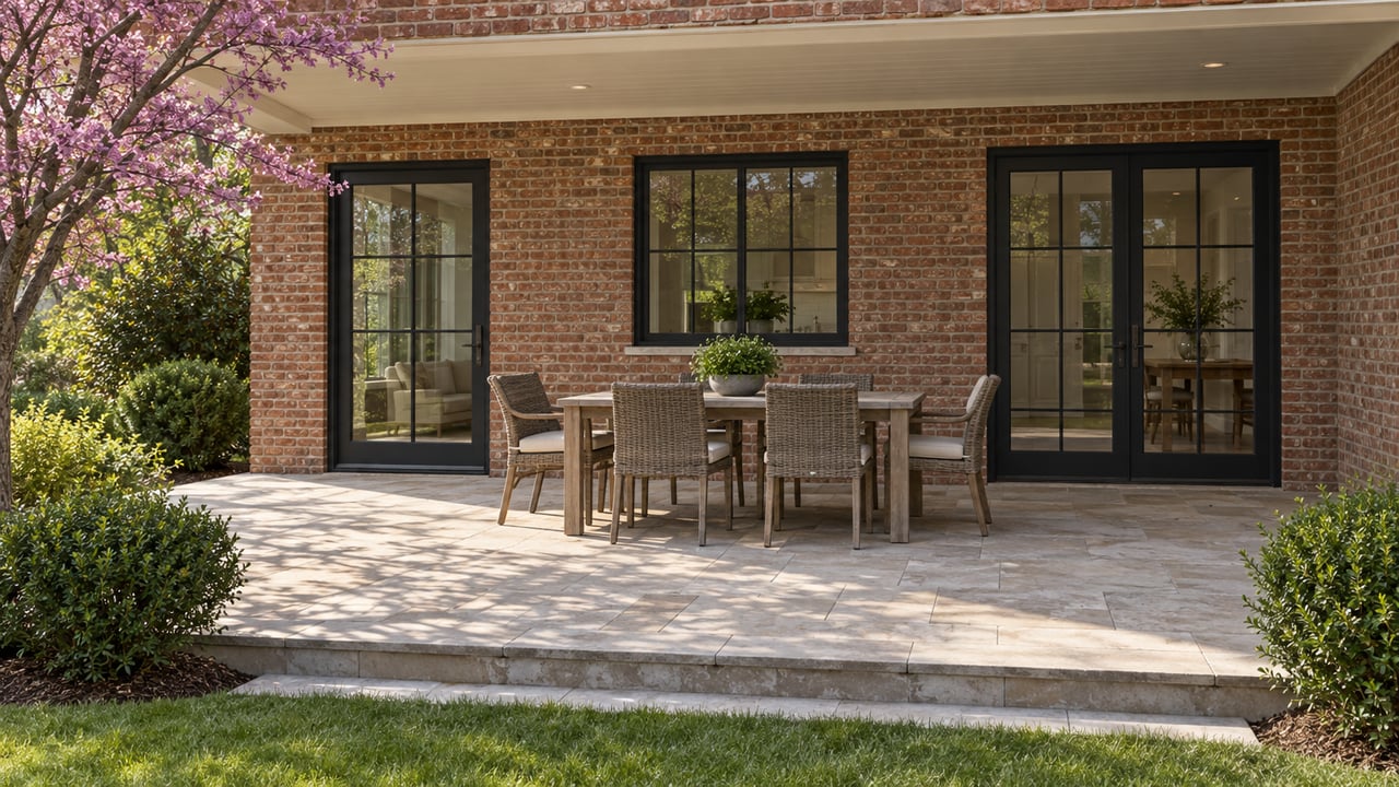 Covered brick-house terrace with a teak dining table, four woven chairs, glazed doors, and a lawn step.