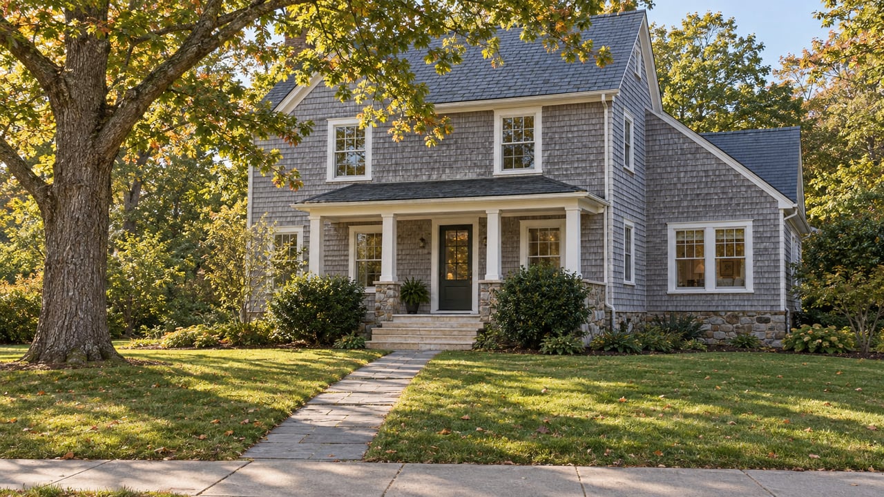 Two-story gray-shingle house with a slate roof, porch, and flagstone walk crossing a broad lawn.