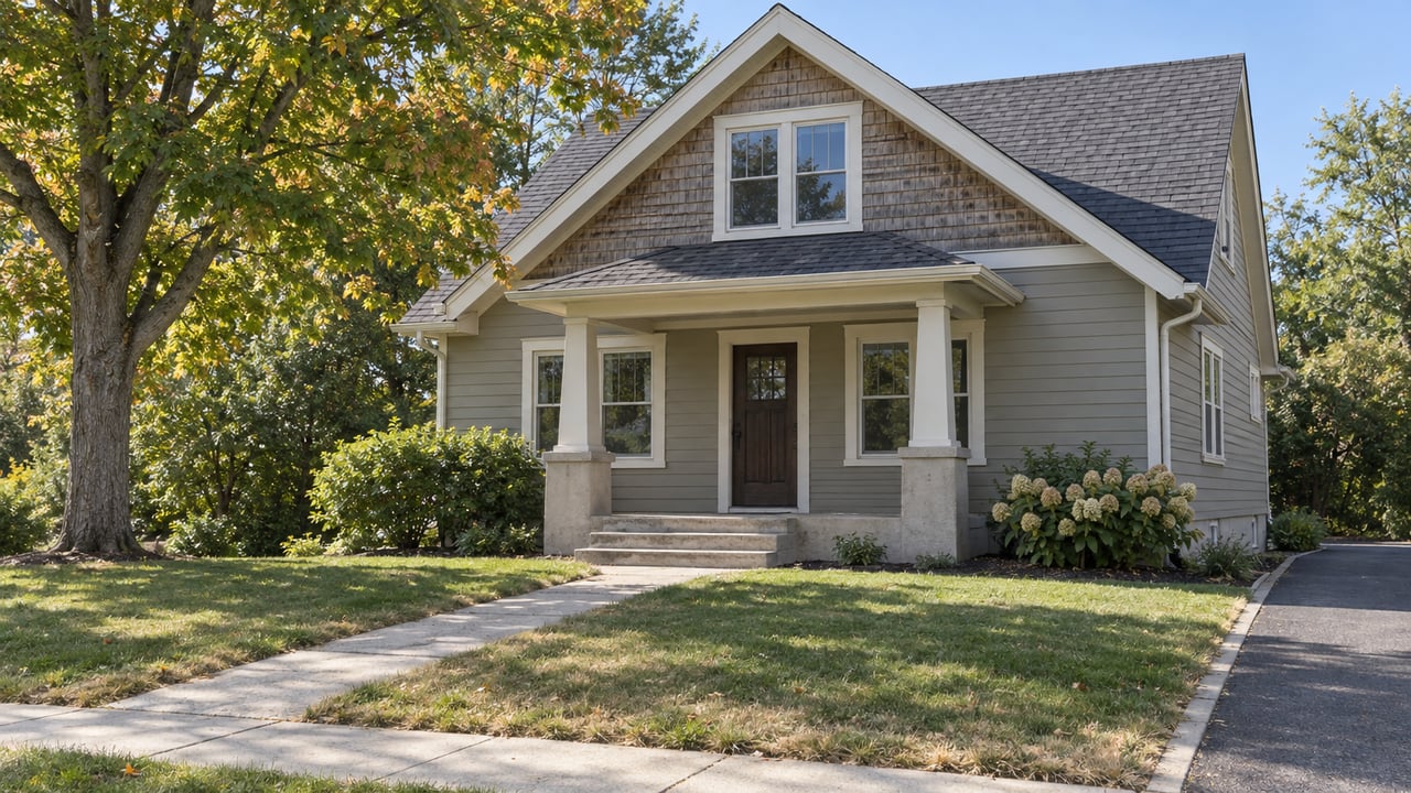 Gray gable-front home with a covered porch, deep lawn, concrete front walk, and a mature tree in midday light.