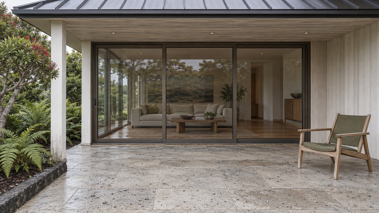 A sheltered stone lanai with a weathered teak chair, timber soffit and closed glass doors, bordered by a flowering tree and arching ferns.